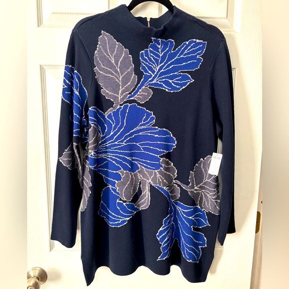 Chico's Navy Blue Leaves Print Tunic Sweater Size 2 Lg/12 Mock Neck Back Zipper - Picture 1 of 10